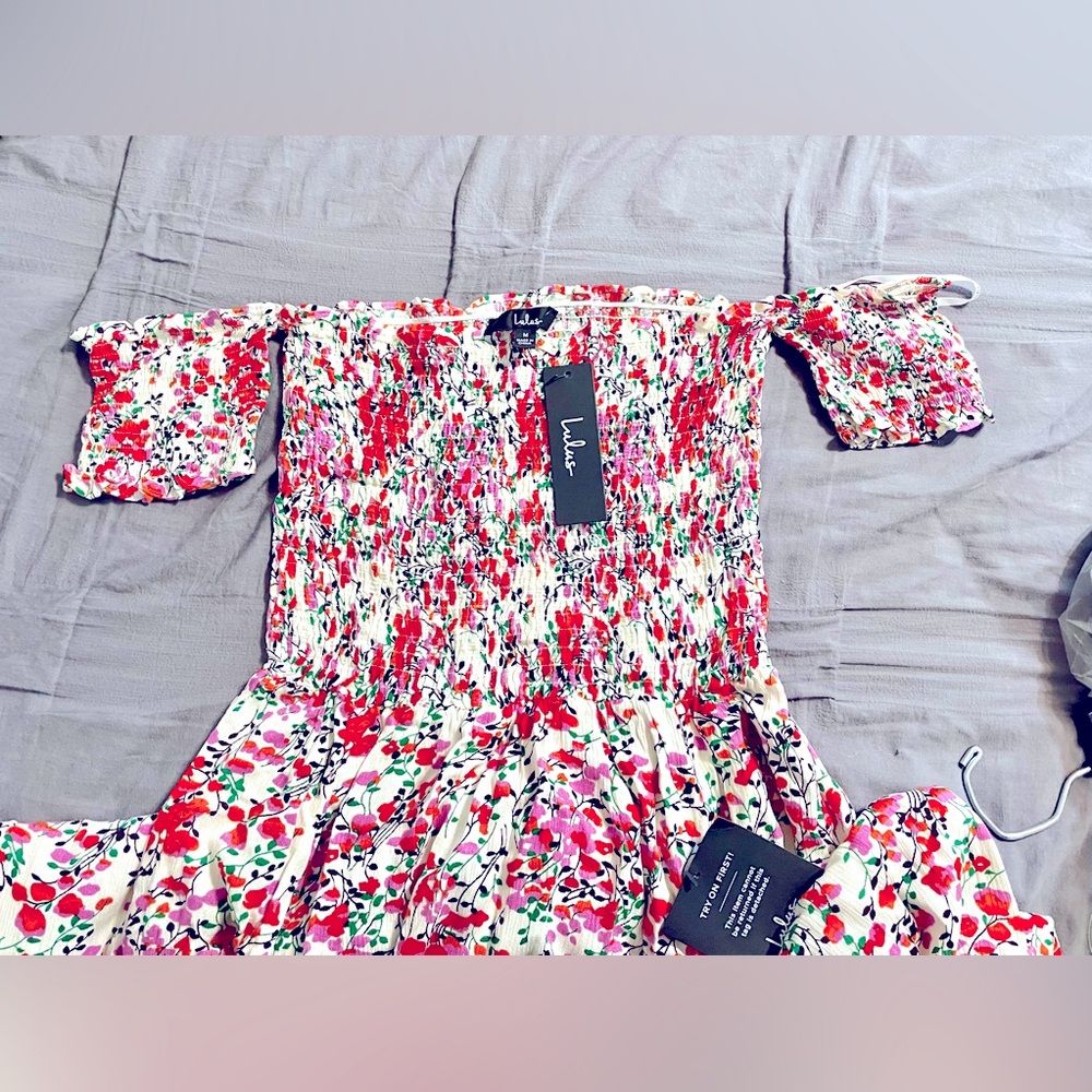 LULUS View from the Meadow Cream Floral Print Off-the-Shoulder Dress size M NWT - Picture 5 of 12